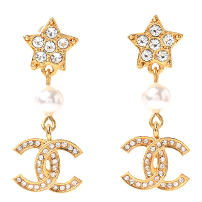 Chanel Crystal Pearl CC Star Drop Earrings Gold 1 of 4