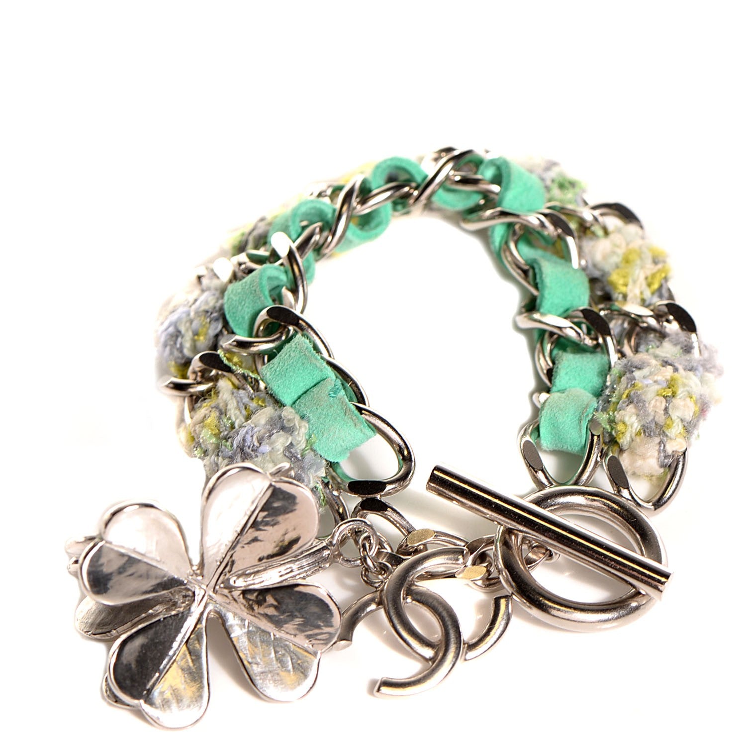 Chanel Suede Tweed CC Clover Charm Bracelet Silver 1 of 4