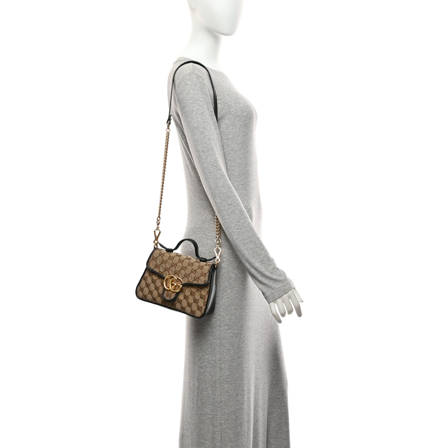 Monogram Azalea Calfskin Matelasse Diagonal Mini GG Marmont Top Handle Shoulder Bag Beige Ebony Black