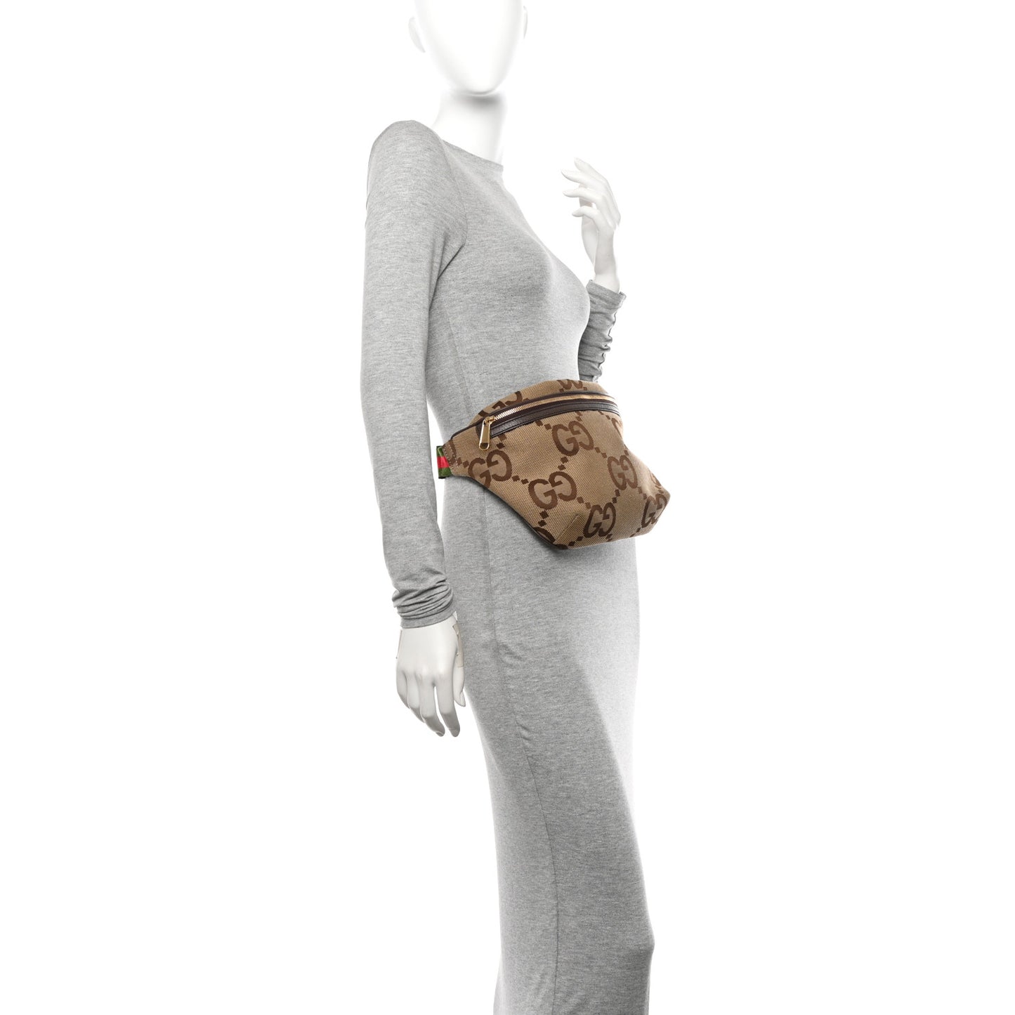 Monogram Jumbo GG Textured Dollar Calfskin Web Belt Bag Camel Ebony New Acero