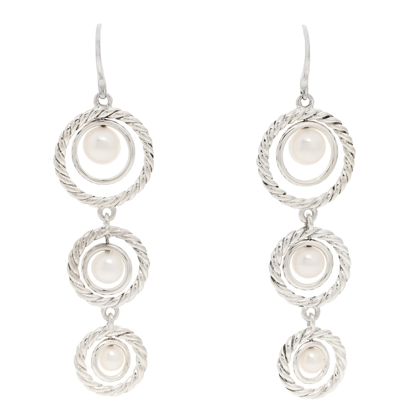Sterling Silver Cultured Pearl Cable Triple Drop Earrings