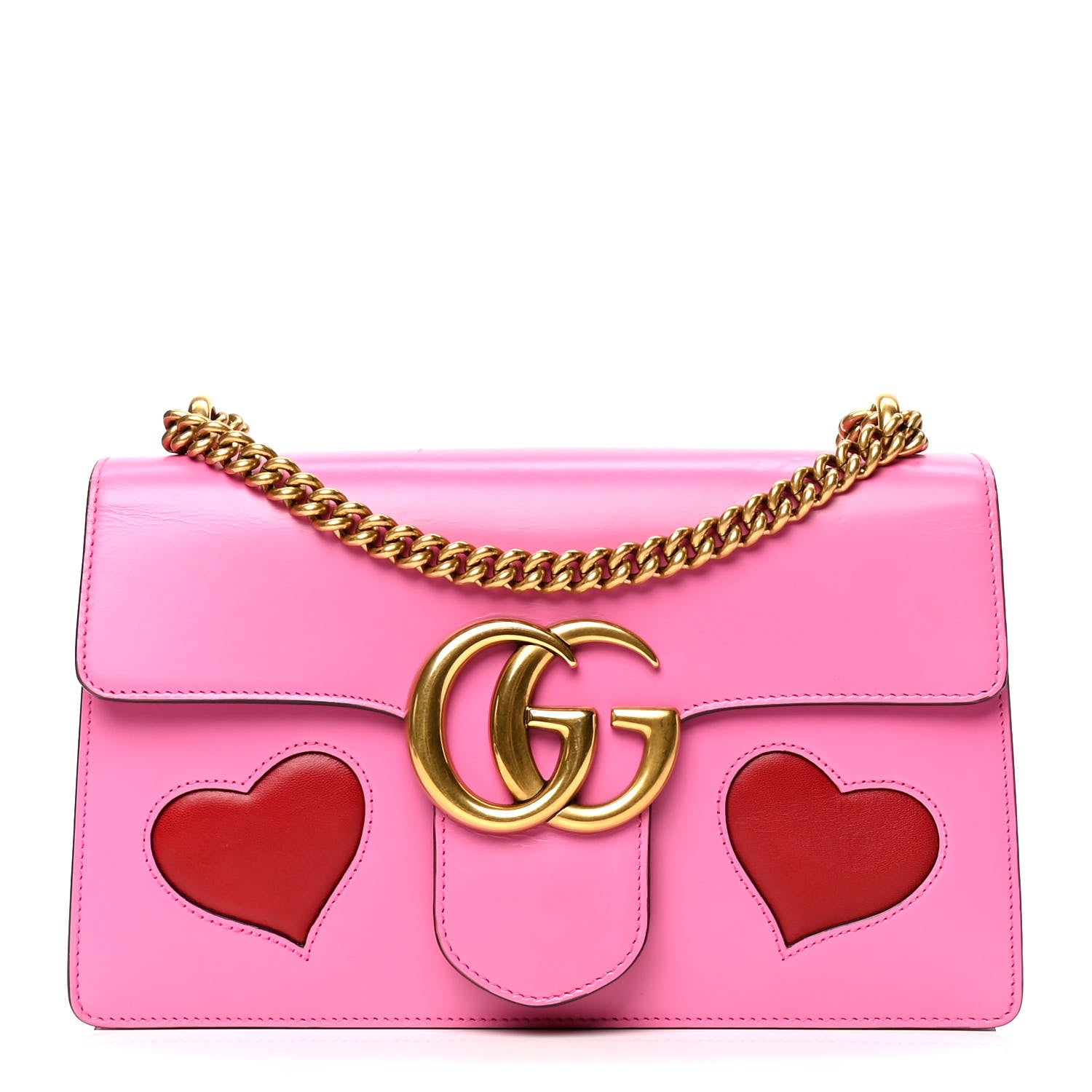 Gucci Knight Calfskin Malaga Kid Heart Medium GG Marmont Chain Handle Bag Tropical Pink Flower Hibiscus Red Multicolor 1 of 6