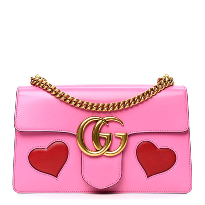 Gucci Knight Calfskin Malaga Kid Heart Medium GG Marmont Chain Handle Bag Tropical Pink Flower Hibiscus Red Multicolor 1 of 6