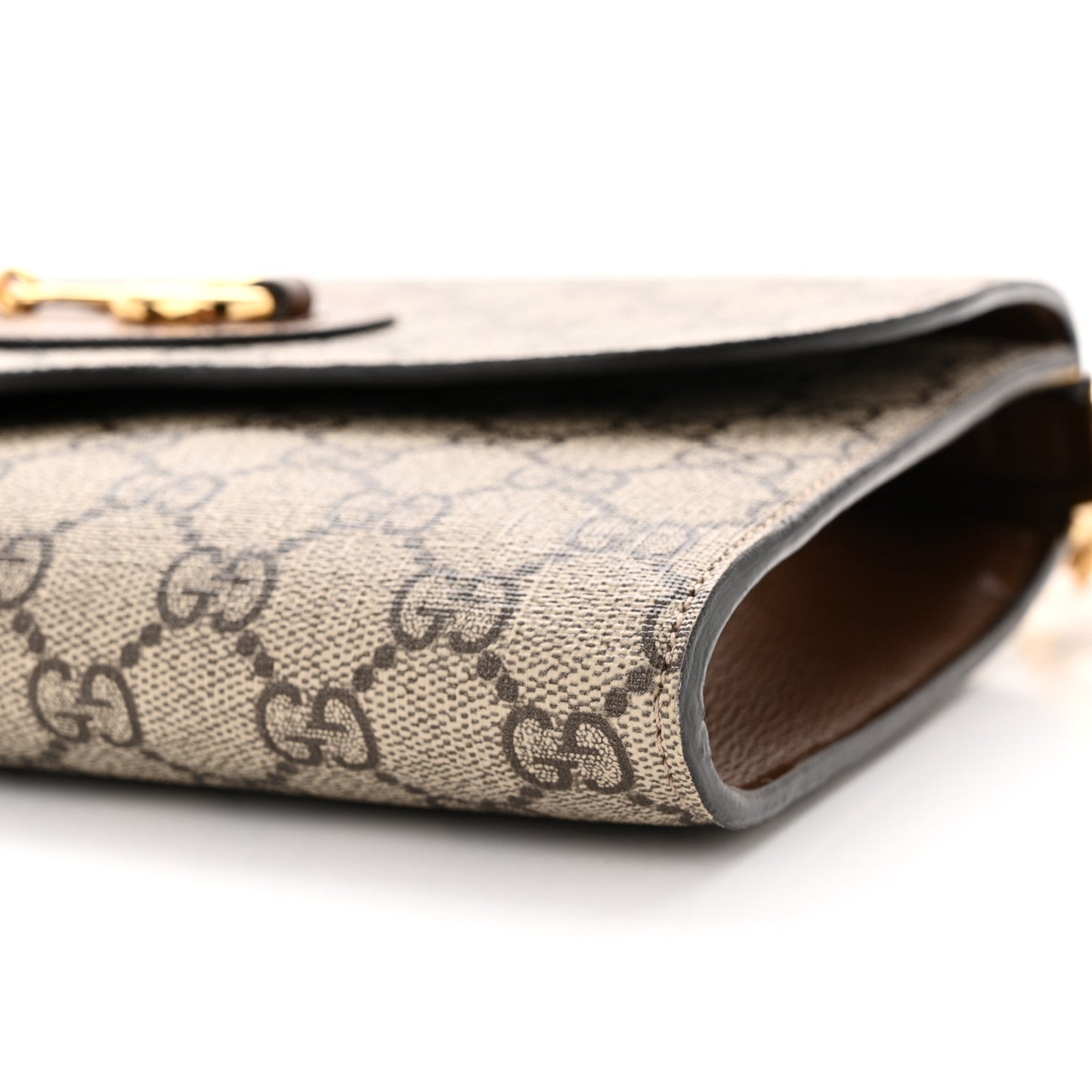 GG Supreme Monogram Azalea Calfskin Web Small Horsebit 1955 Crossbody Bag Beige Ebony Brown Sugar