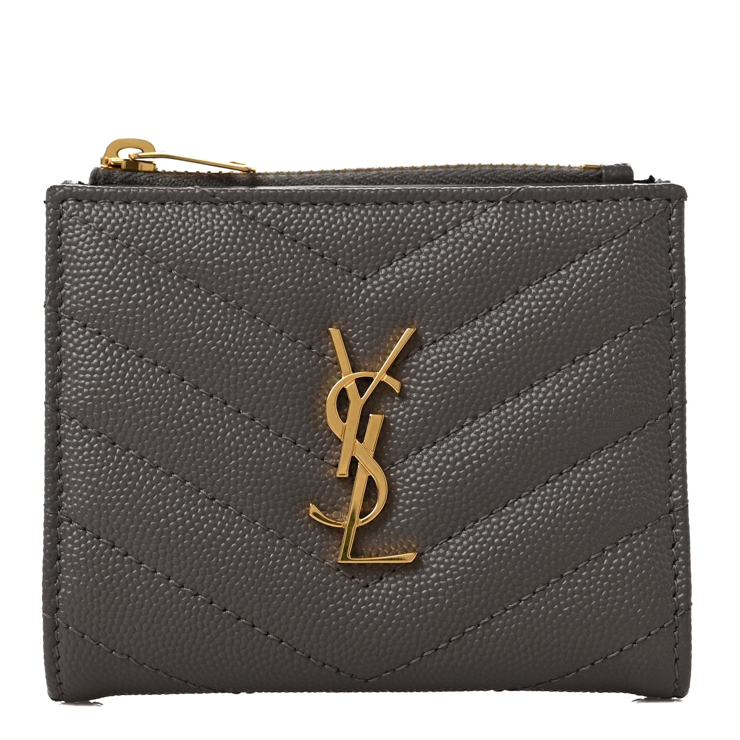 Saint Laurent Grain De Poudre Matelasse Chevron Monogram Zipped Card Case Tech Fog 1 of 9