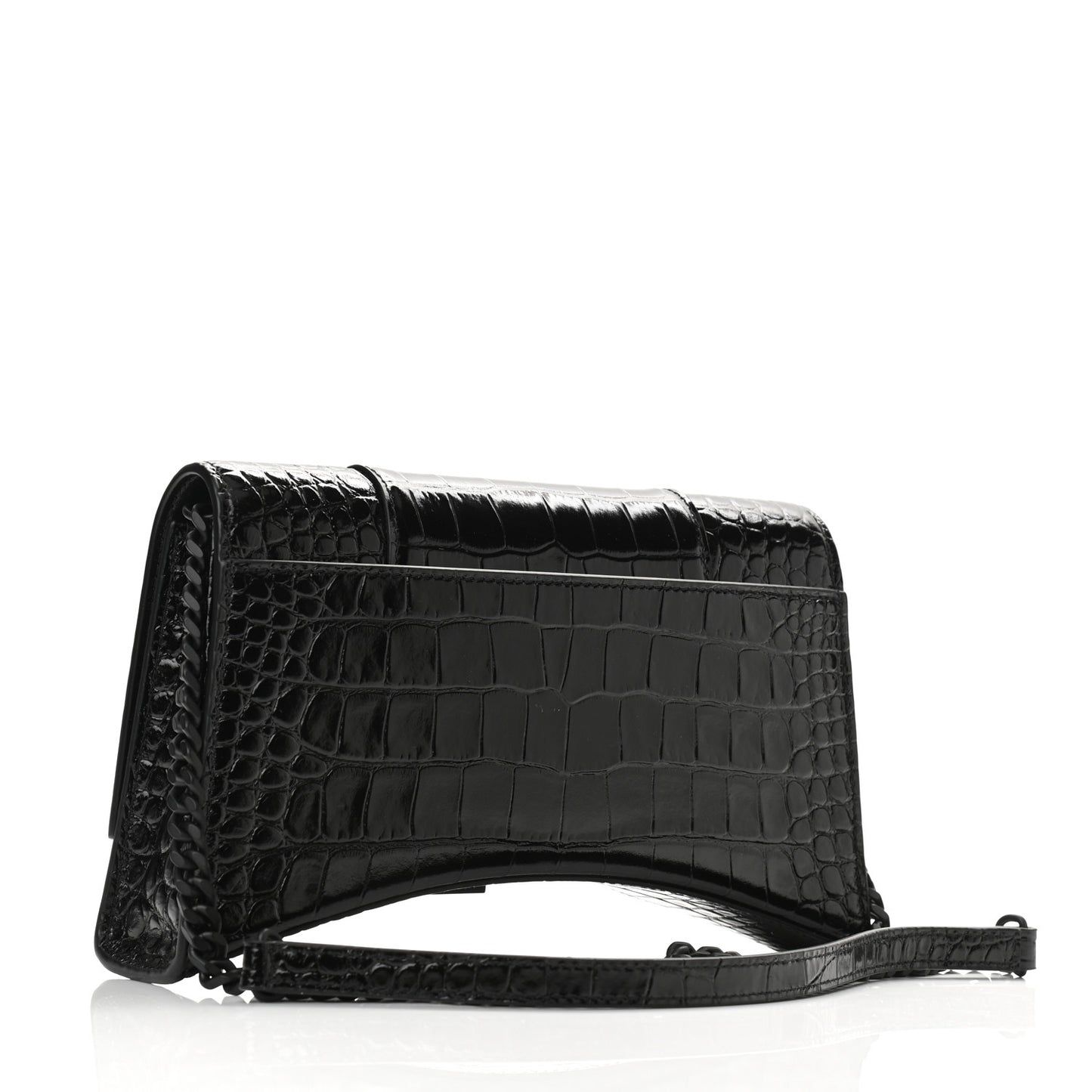 Shiny Calfskin Monochrome Crocodile Embossed Small Hourglass Evening Chain Bag Black
