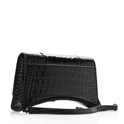 Balenciaga Shiny Calfskin Monochrome Crocodile Embossed Small Hourglass Evening Chain Bag Black 3 of 9