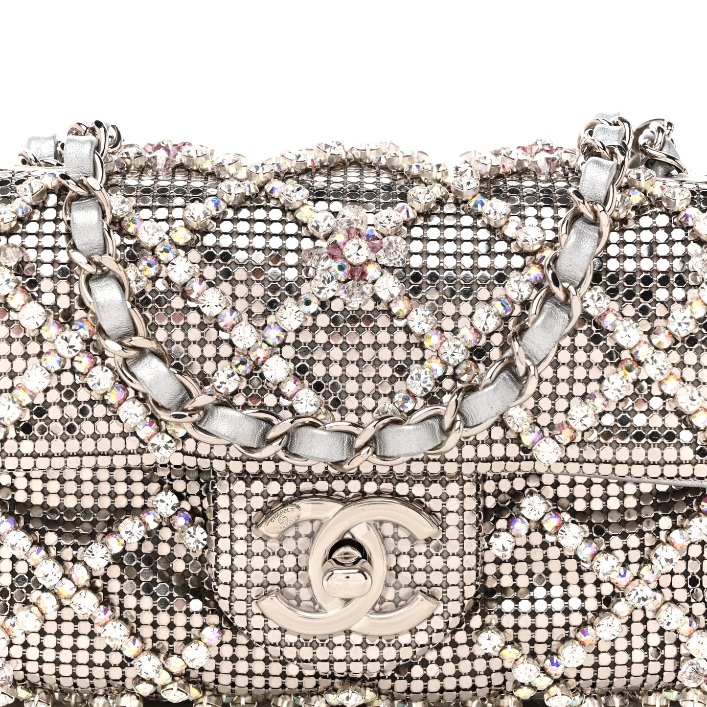 Chain Mail Crystal Quilted Mini Flap Argent