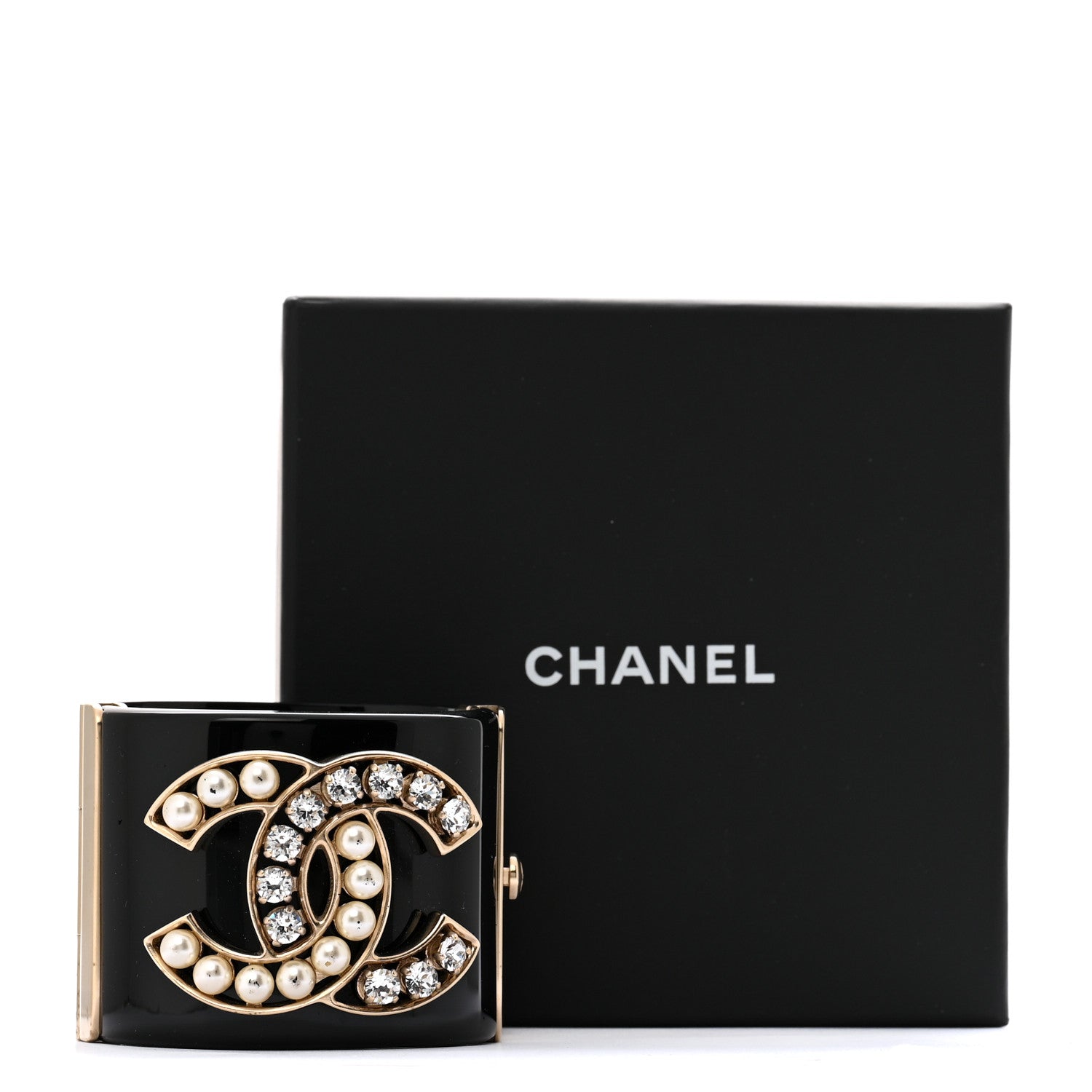 Chanel Resin Crystal Pearl CC Cuff Black 8 of 8
