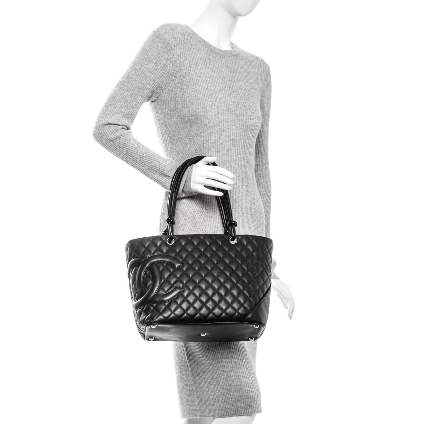 Calfskin Quilted Large Cambon Tote Black