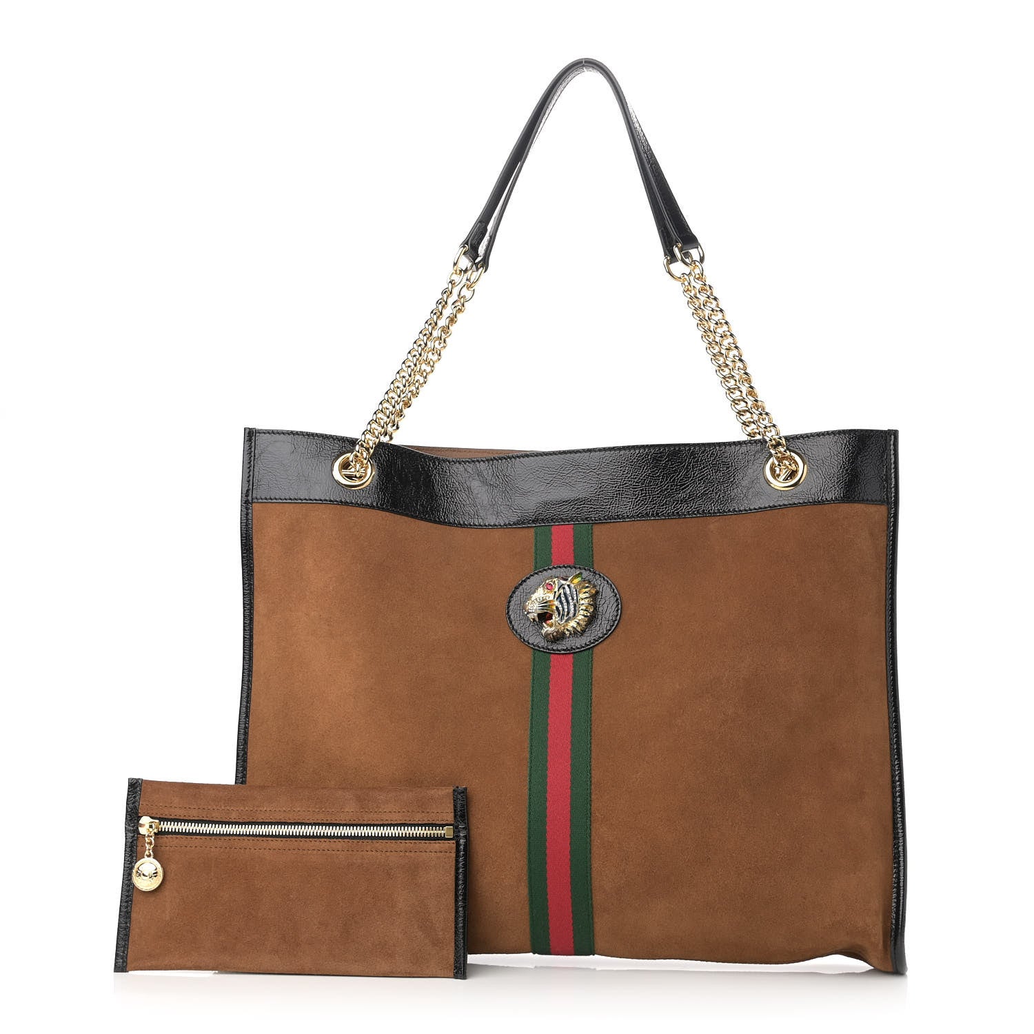 Gucci Suede Patent Large Rajah Chain Tote Nocciola Black 1 of 10