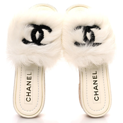 Chanel Shearling Lambskin CC Mules Sandal 38 White Black 2 of 10