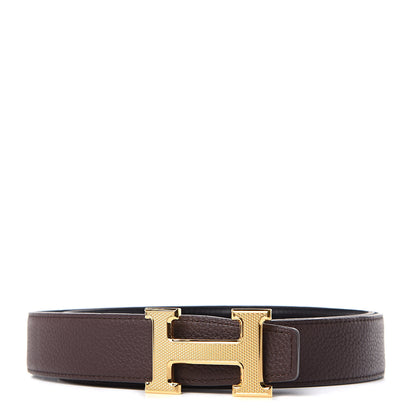 Hermes Box Togo 32mm Guilloche H Belt 95 Black Chocolate 1 of 8