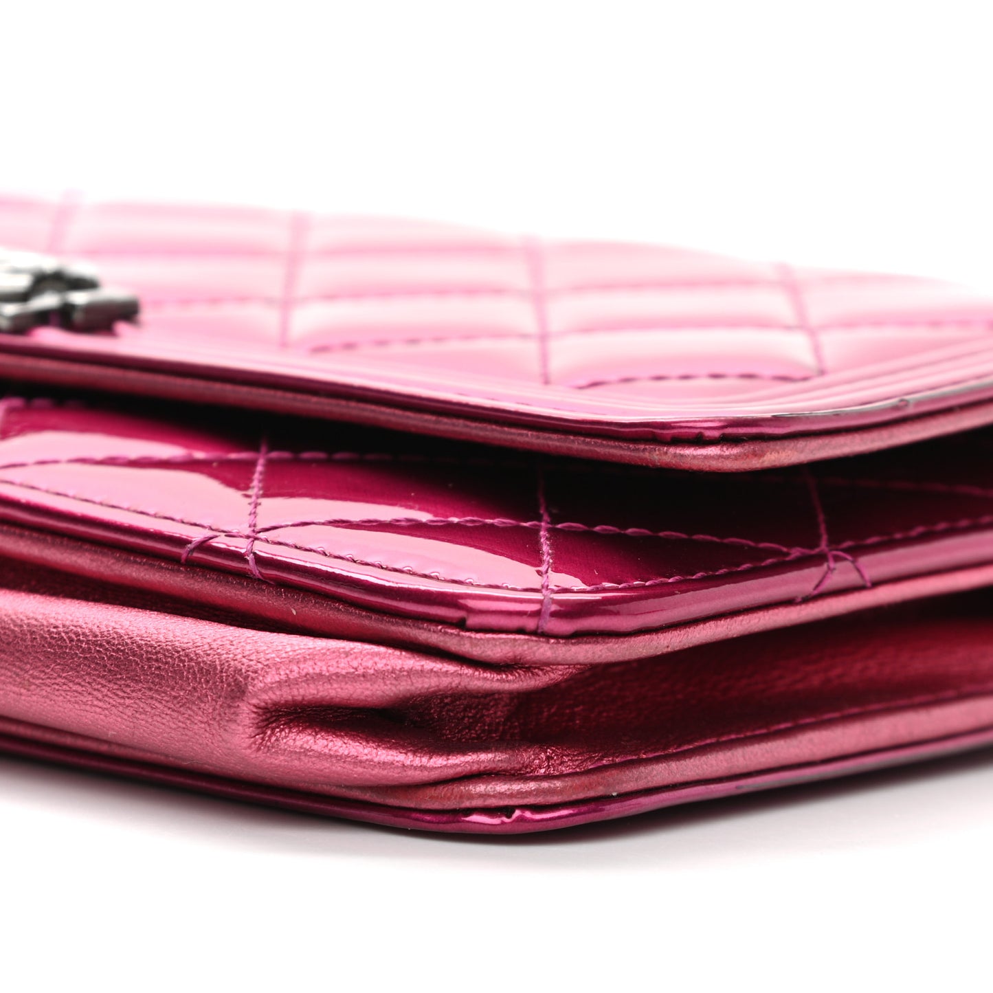 Metallic Patent Calfskin Quilted Boy Wallet On Chain WOC Fuchsia