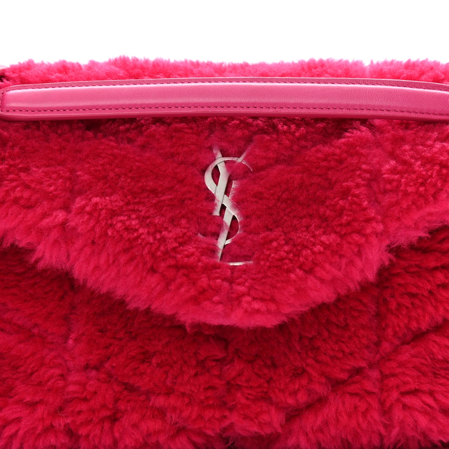 Saint Laurent Merino Shearling Lambskin Quilted Small Loulou Puffer Monogram Chain Satchel Fuchsia 9 of 11