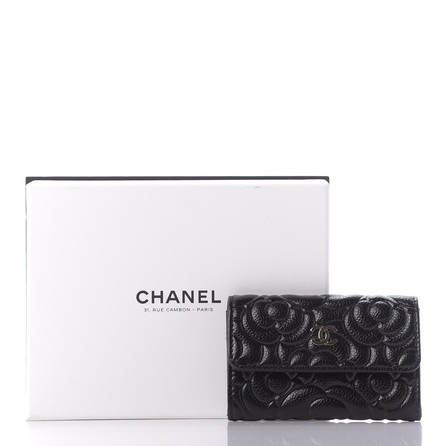 Caviar Camellia Embossed Card Holder Wallet Black