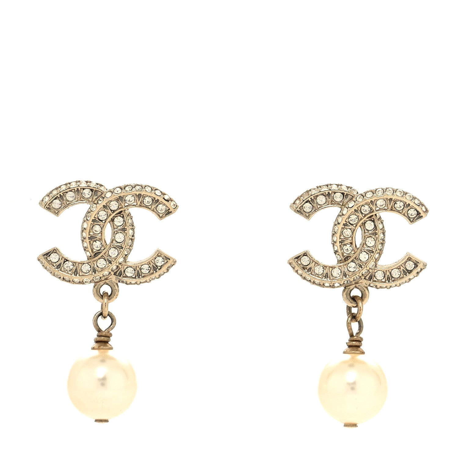 Chanel Crystal Timeless CC Pearl Drop Earrings Light Gold 1 of 4