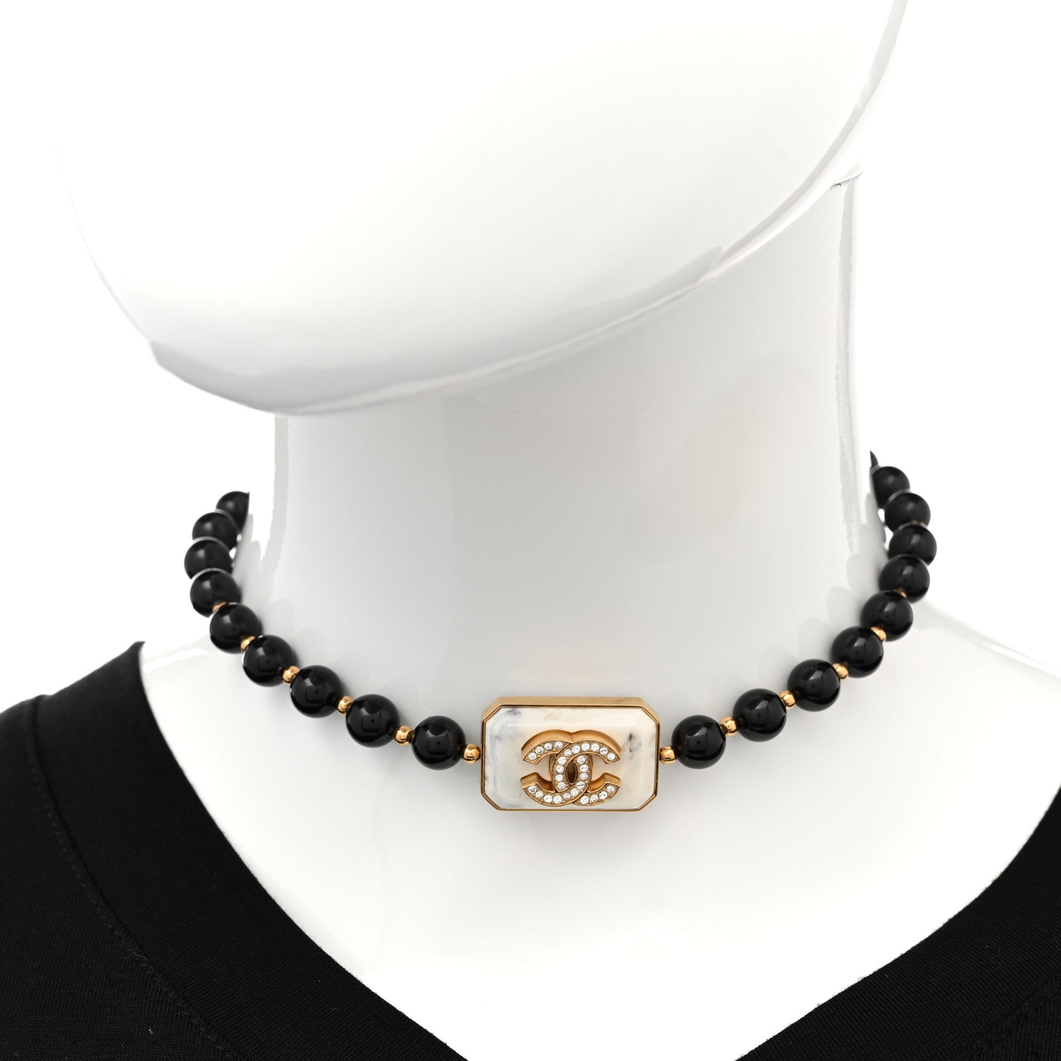 Chanel Crystal CC Marble Beaded Choker Necklace Black Gold 2 of 6