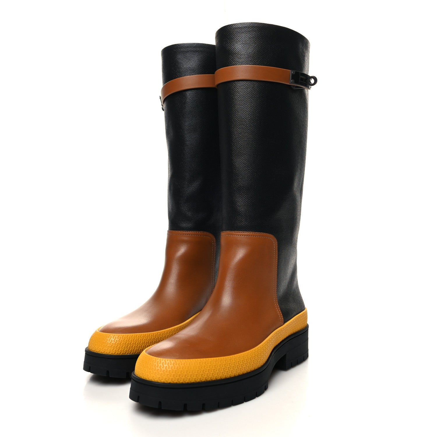 Hermes Toile De Coton Barn Boots 37 Black Marron Iroko 3 of 7