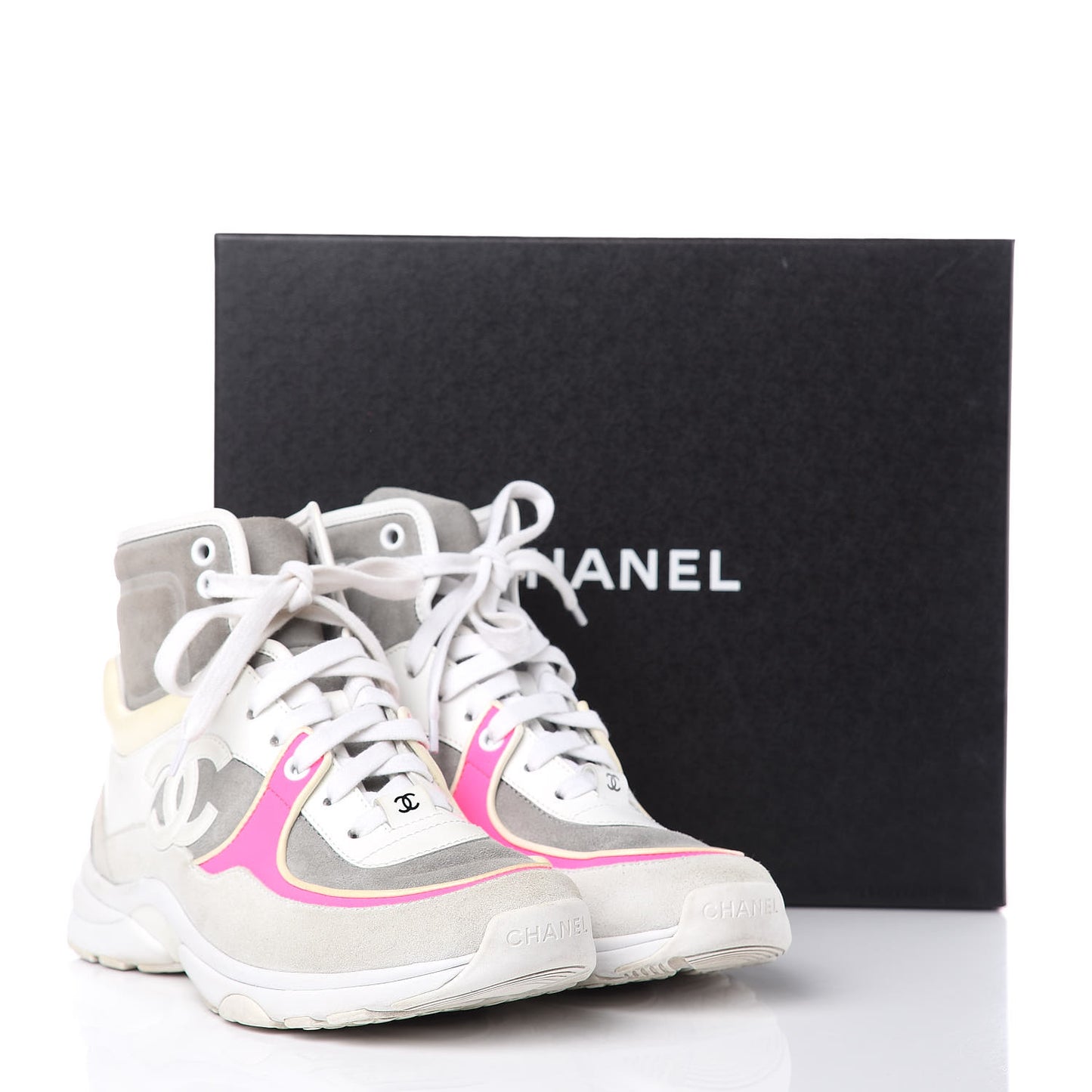 Suede Calfskin Lambskin Neoprene High Top CC Sneakers 37 White Grey Fluo Pink