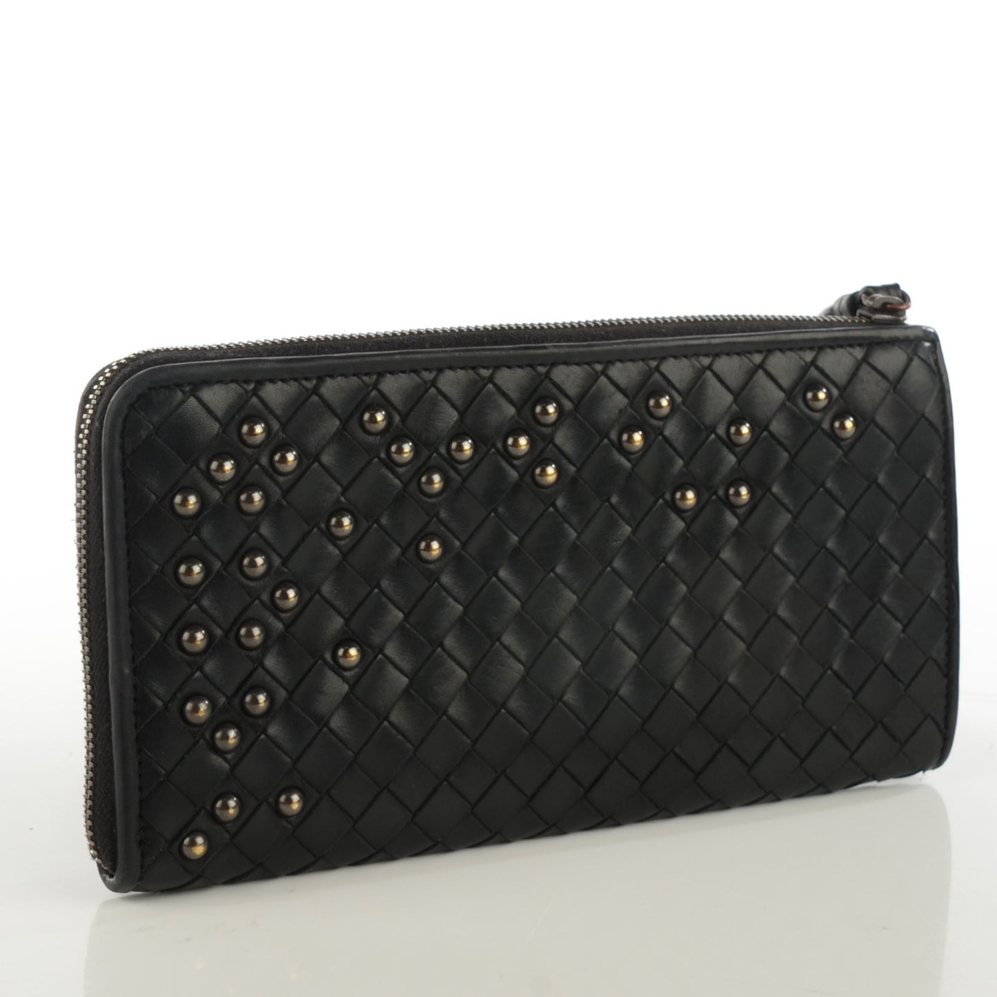Waxed Calfskin Intrecciato Studded Wristlet Wallet Nero Black