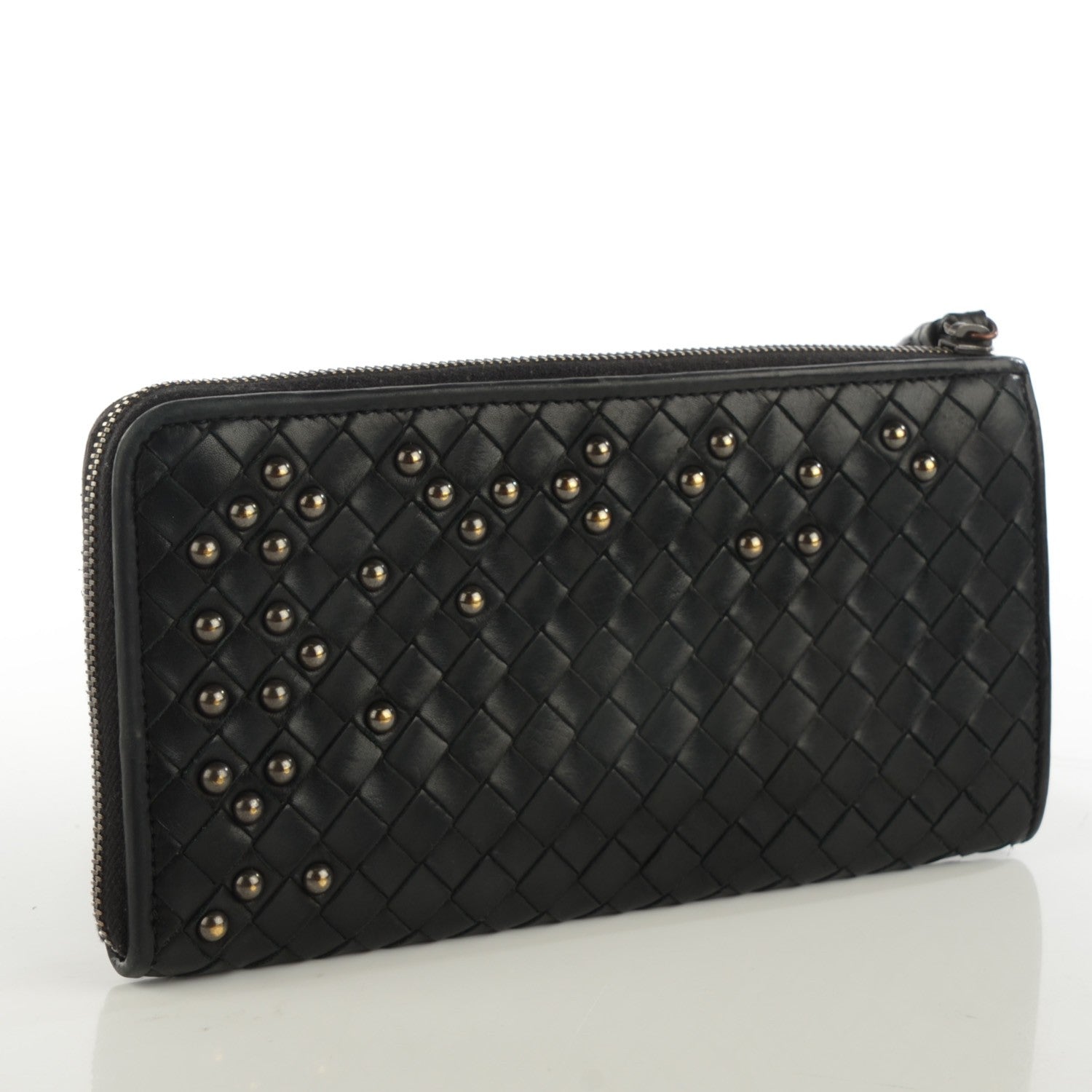 Bottega Veneta Waxed Calfskin Intrecciato Studded Wristlet Wallet Nero Black 3 of 8