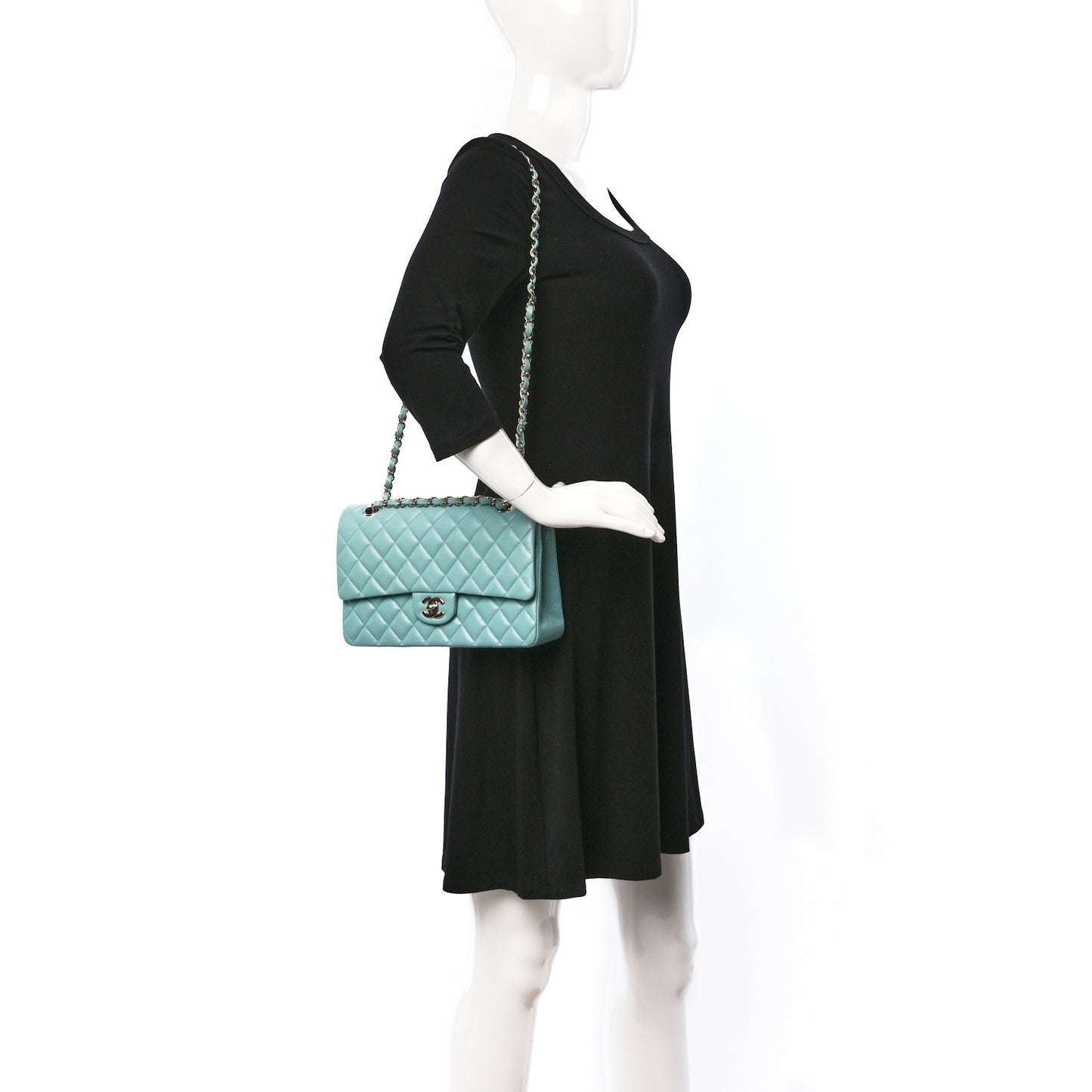 Caviar Quilted Medium Double Flap Light Blue