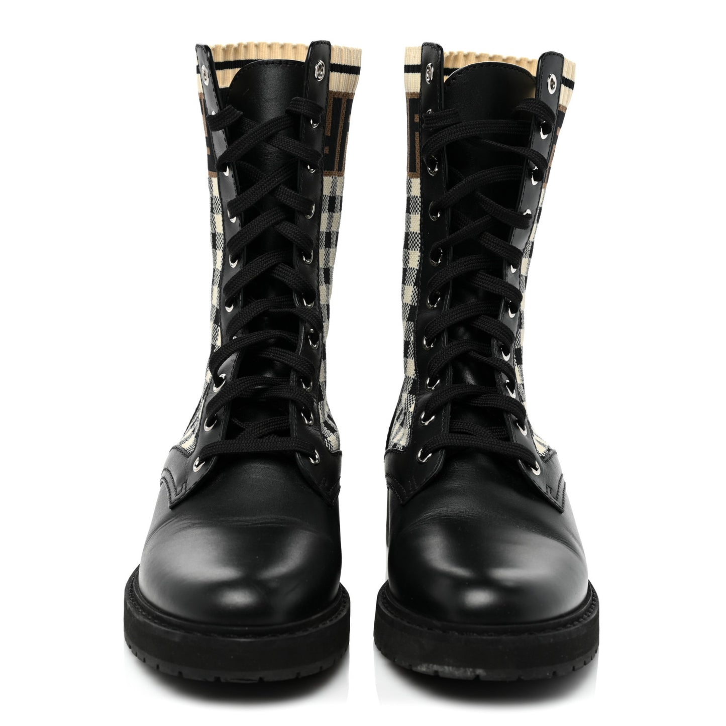 Vitello Stretch Fabric FF Vichy Rockoko Biker Boots 38.5 Black Crema Tobacco