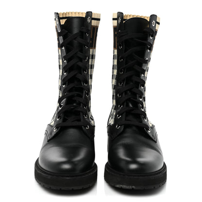 Fendi Vitello Stretch Fabric FF Vichy Rockoko Biker Boots 38.5 Black Crema Tobacco 2 of 13