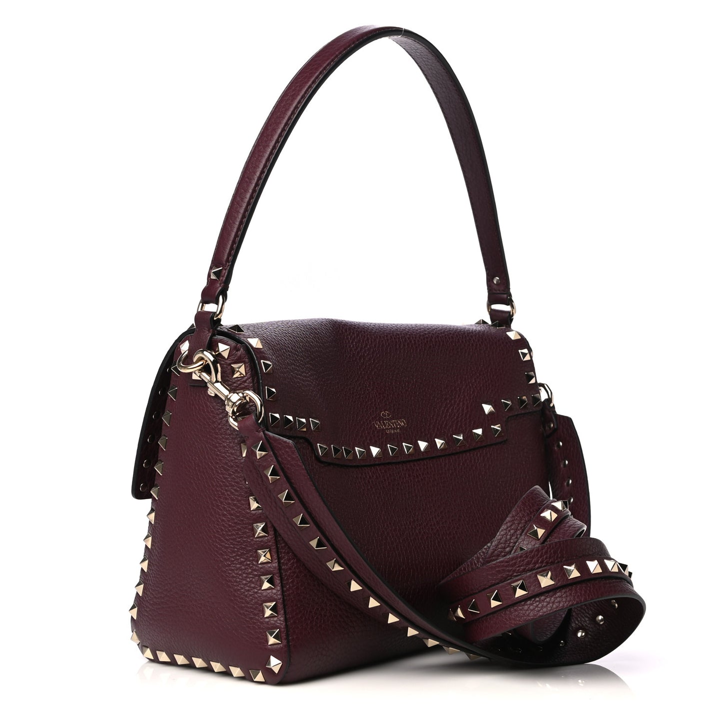 Pebbled Calfskin Rockstud Top Handle Shoulder Bag Rubin
