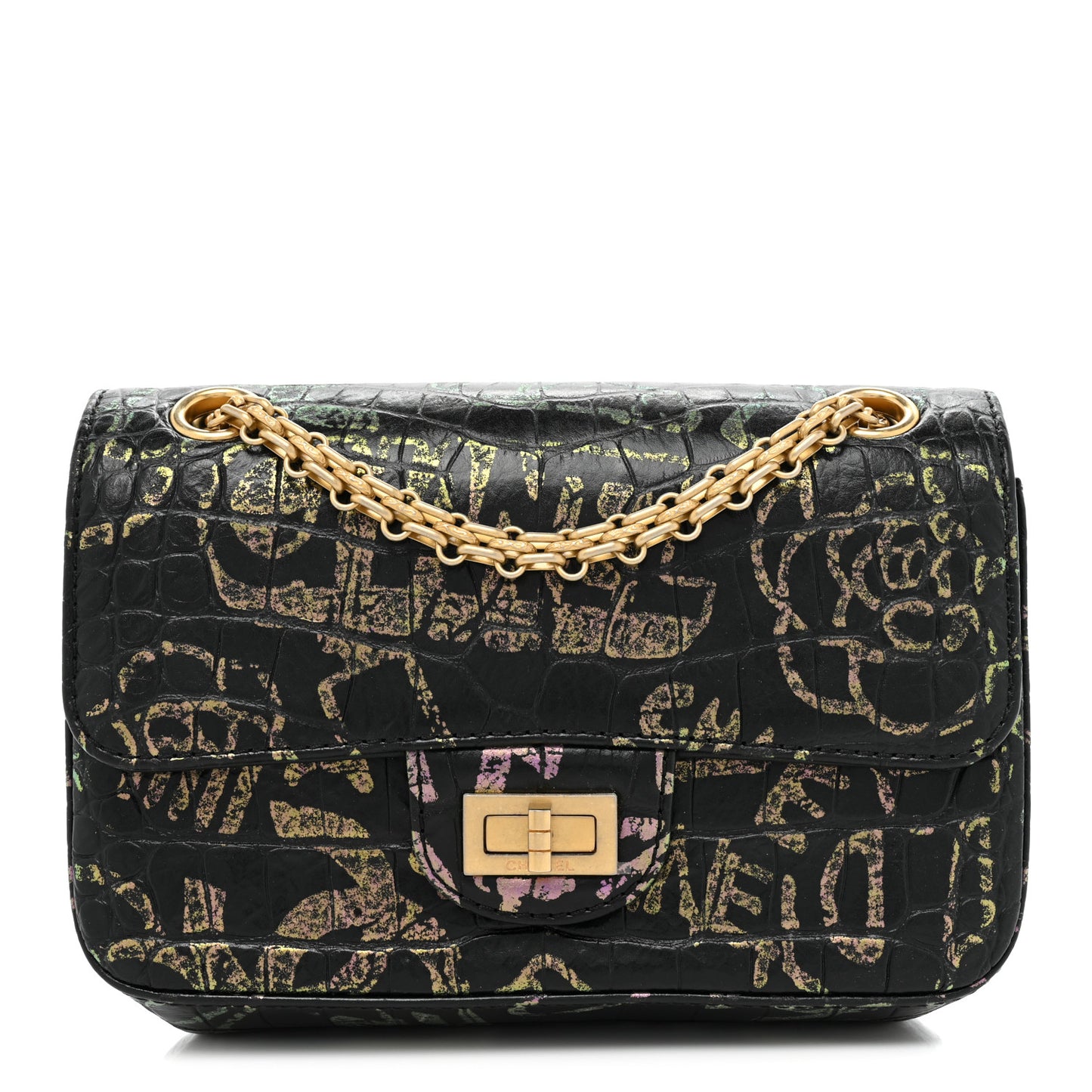 Calfskin Crocodile Embossed Graffiti 2.55 Mini Cocodile Reissue Flap Black Pink