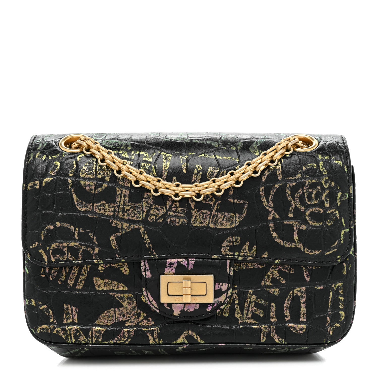 Chanel Calfskin Crocodile Embossed Graffiti 2.55 Mini Cocodile Reissue Flap Black Pink 1 of 16
