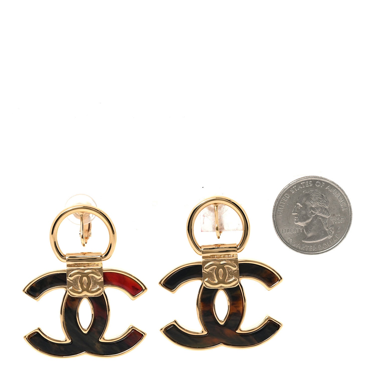 Chanel Metal Resin CC Clip On Earrings Gold Orange Black 2 of 4