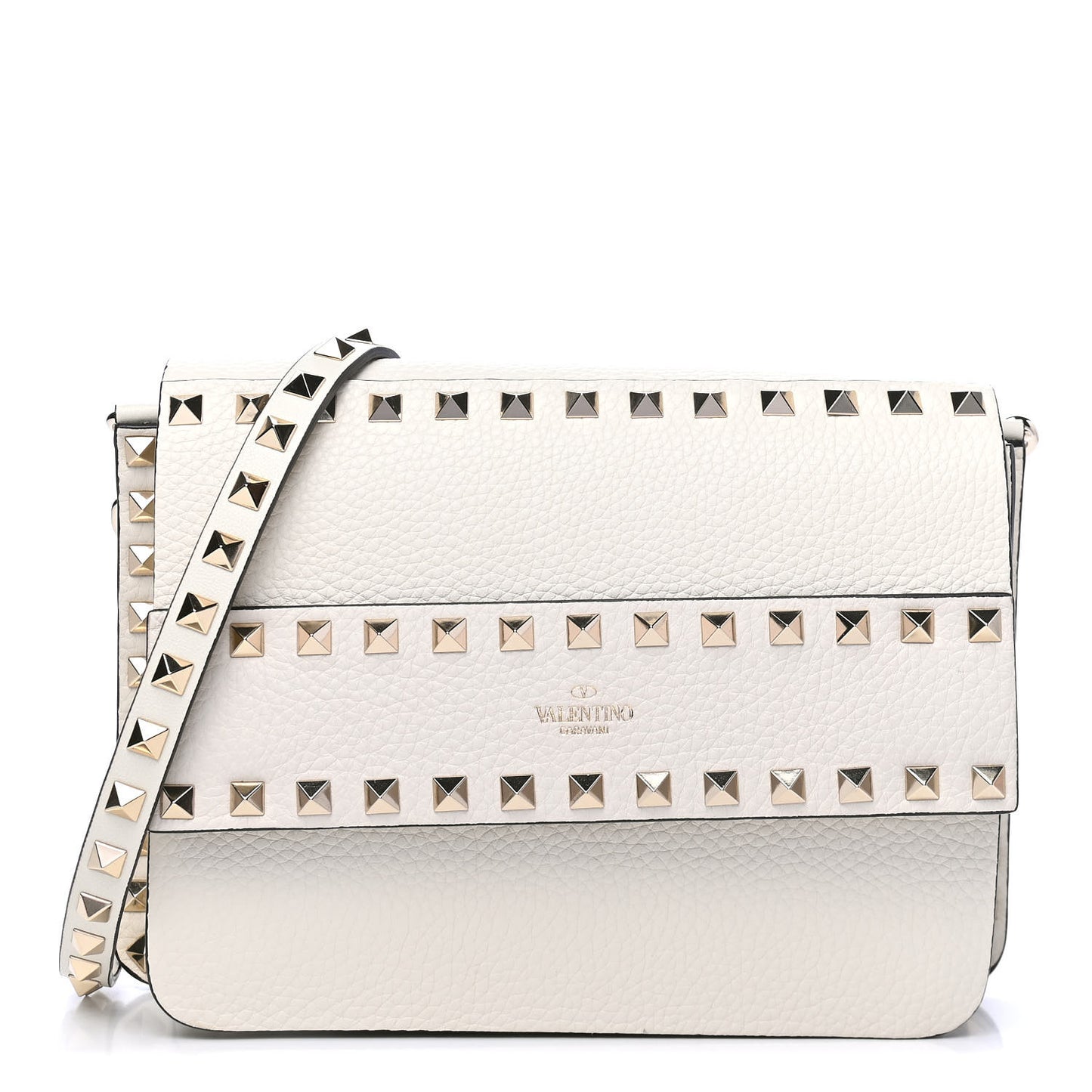 Pebbled Calfskin Rockstud Side Slip Crossbody White
