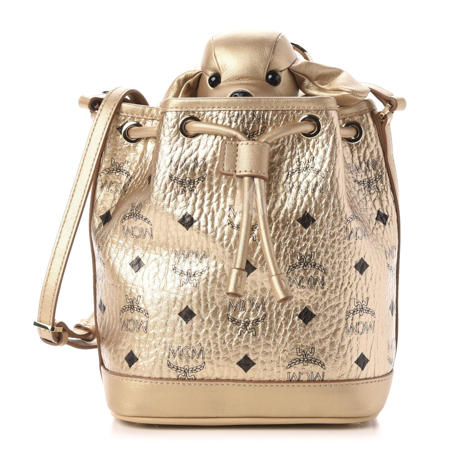 Metallic Visetos Zoo Dog Drawstring Bucket Bag Gold