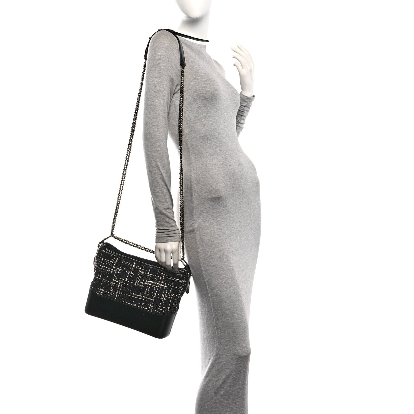 Tweed Calfskin Quilted Medium Gabrielle Hobo Black White