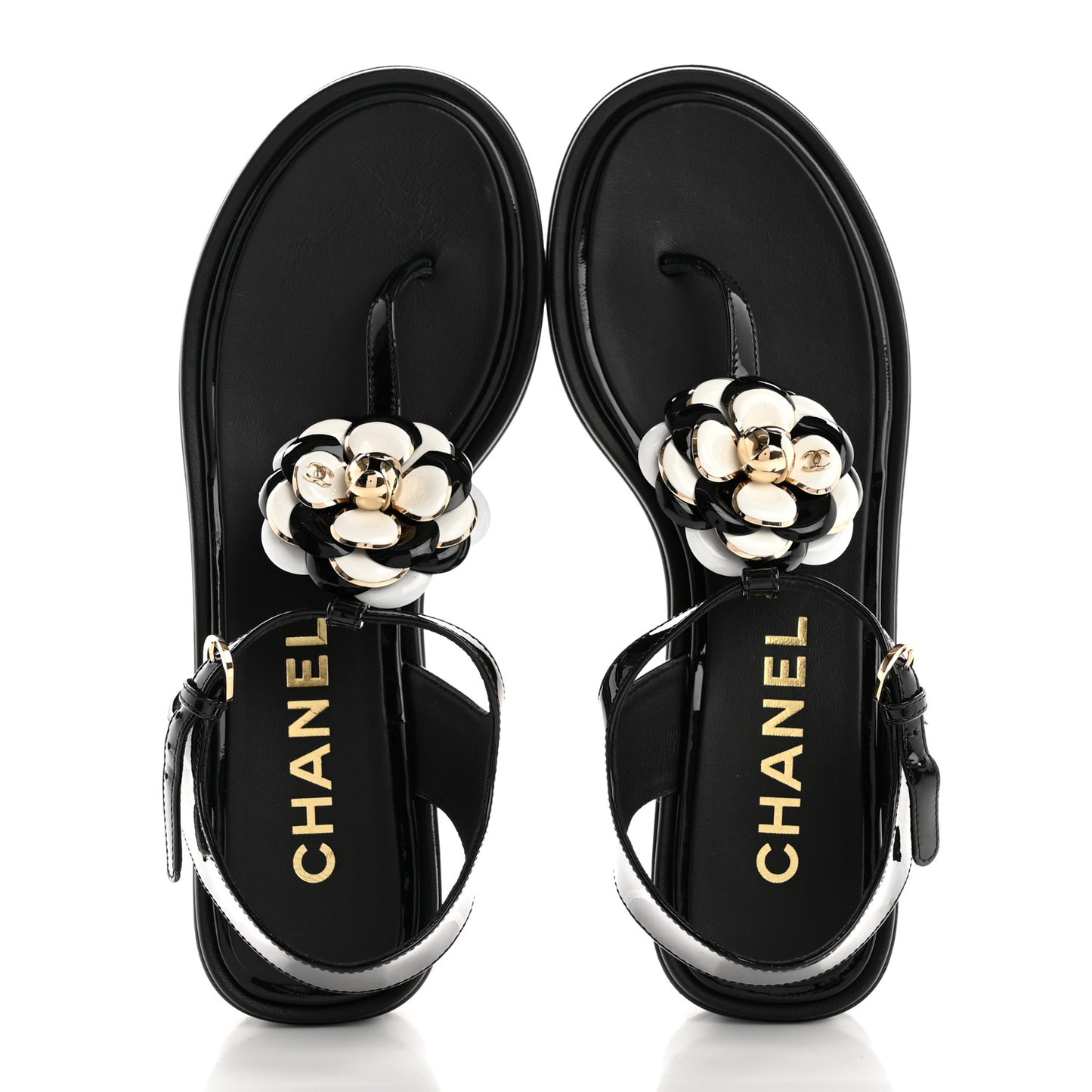 Patent Calfskin Camellia Thong Sandals 38 Black White