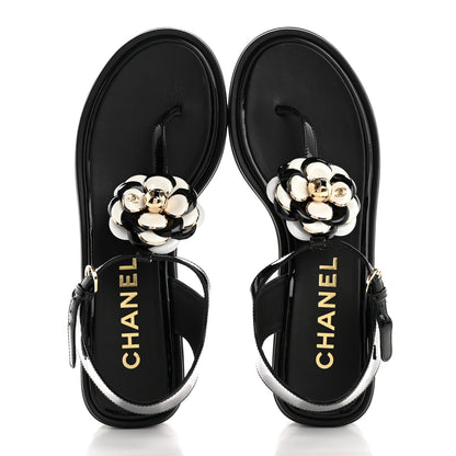Chanel Patent Calfskin Camellia Thong Sandals 38 Black White 2 of 10
