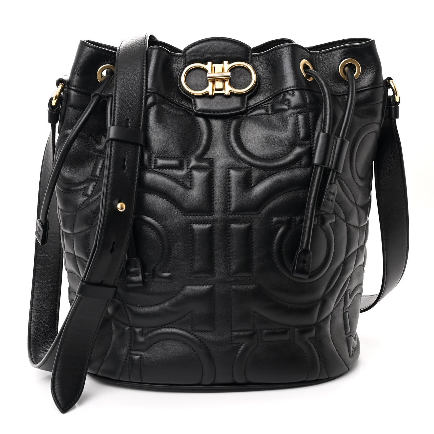 Calfskin Quilted Gancini Bucket Bag Black