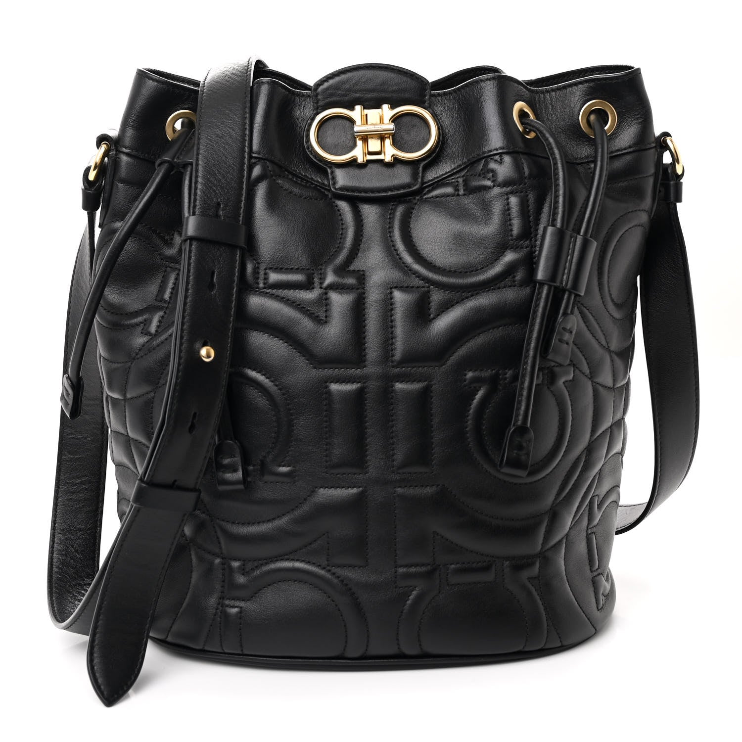 Salvatore Ferragamo Calfskin Quilted Gancini Bucket Bag Black 1 of 12