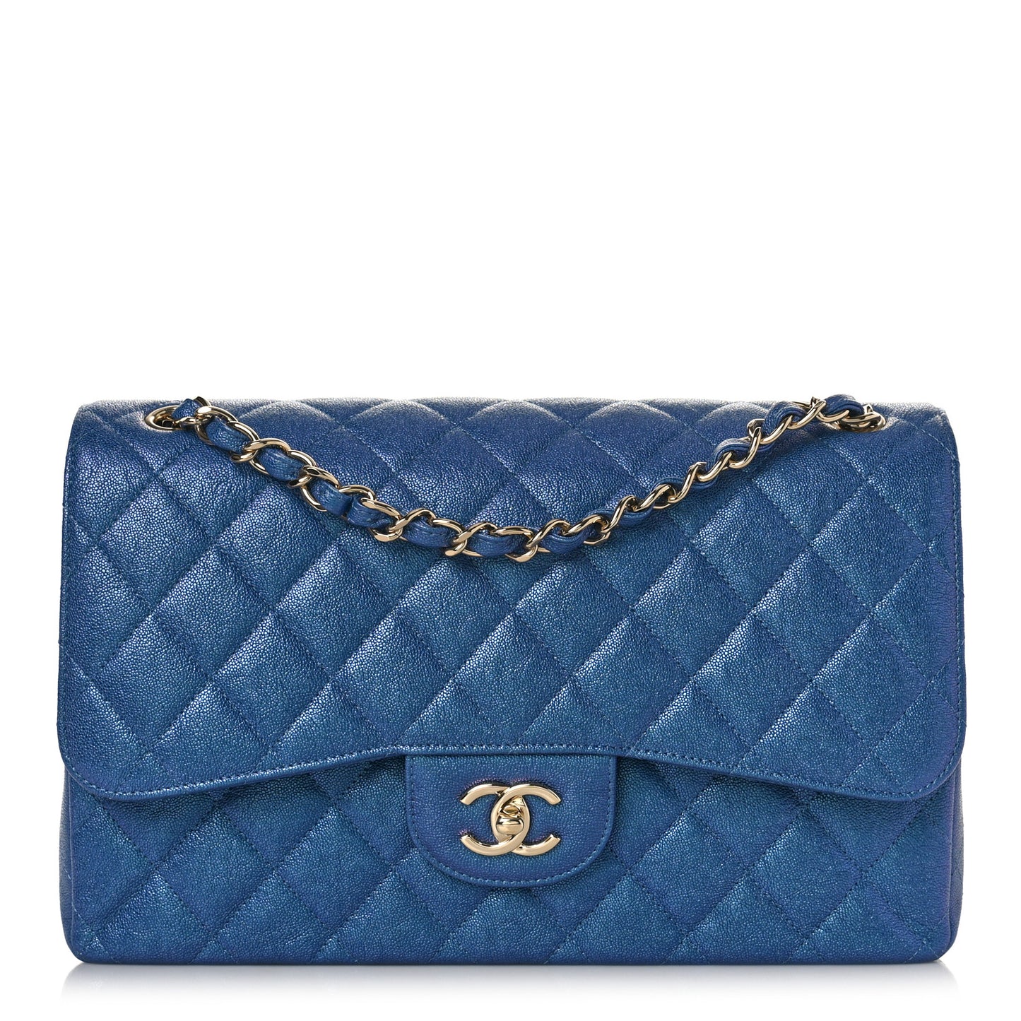 Iridescent Caviar Quilted Jumbo Double Flap Dark Blue