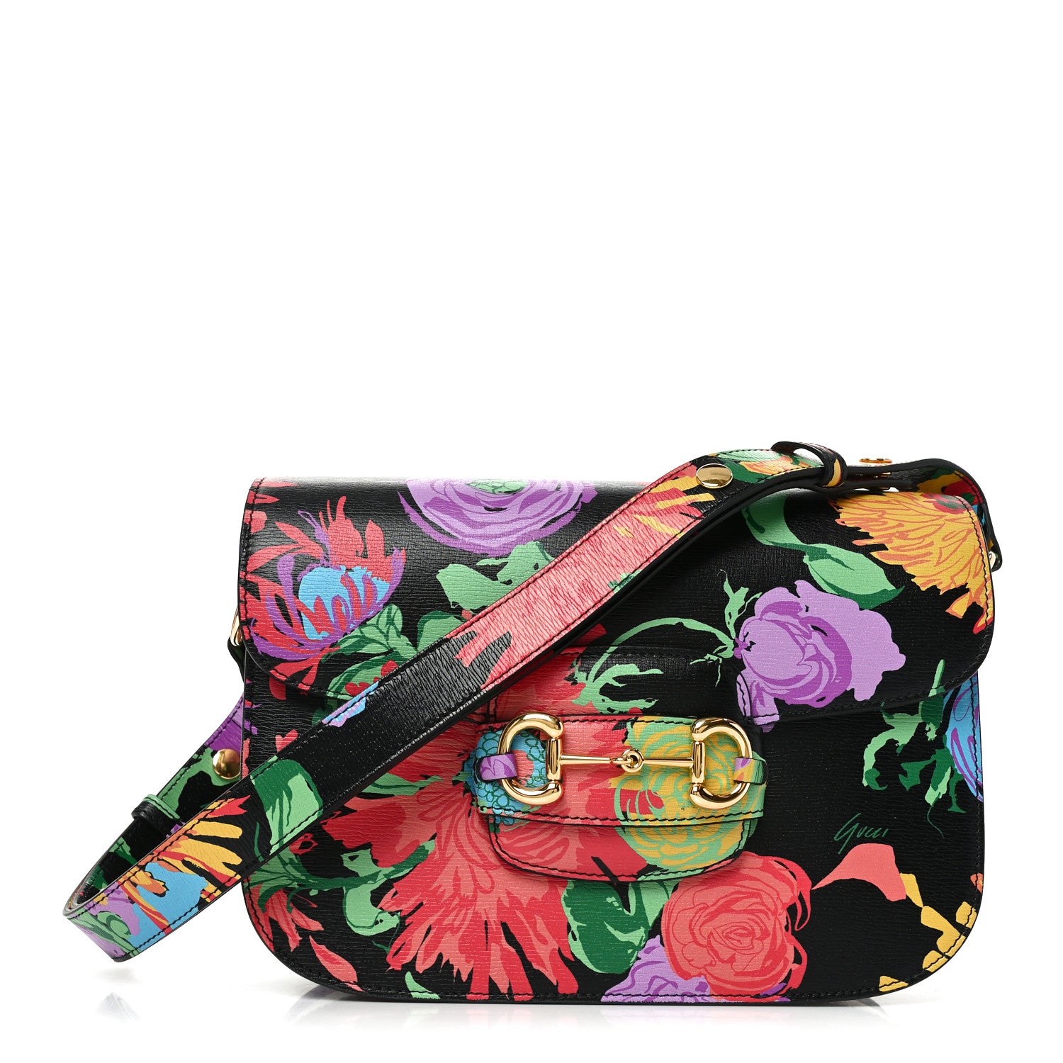 Gucci X KEN SCOTT New Shangai Calfskin Jenny Floral Print Horsebit 1955 Shoulder Bag Black Pink 1 of 10