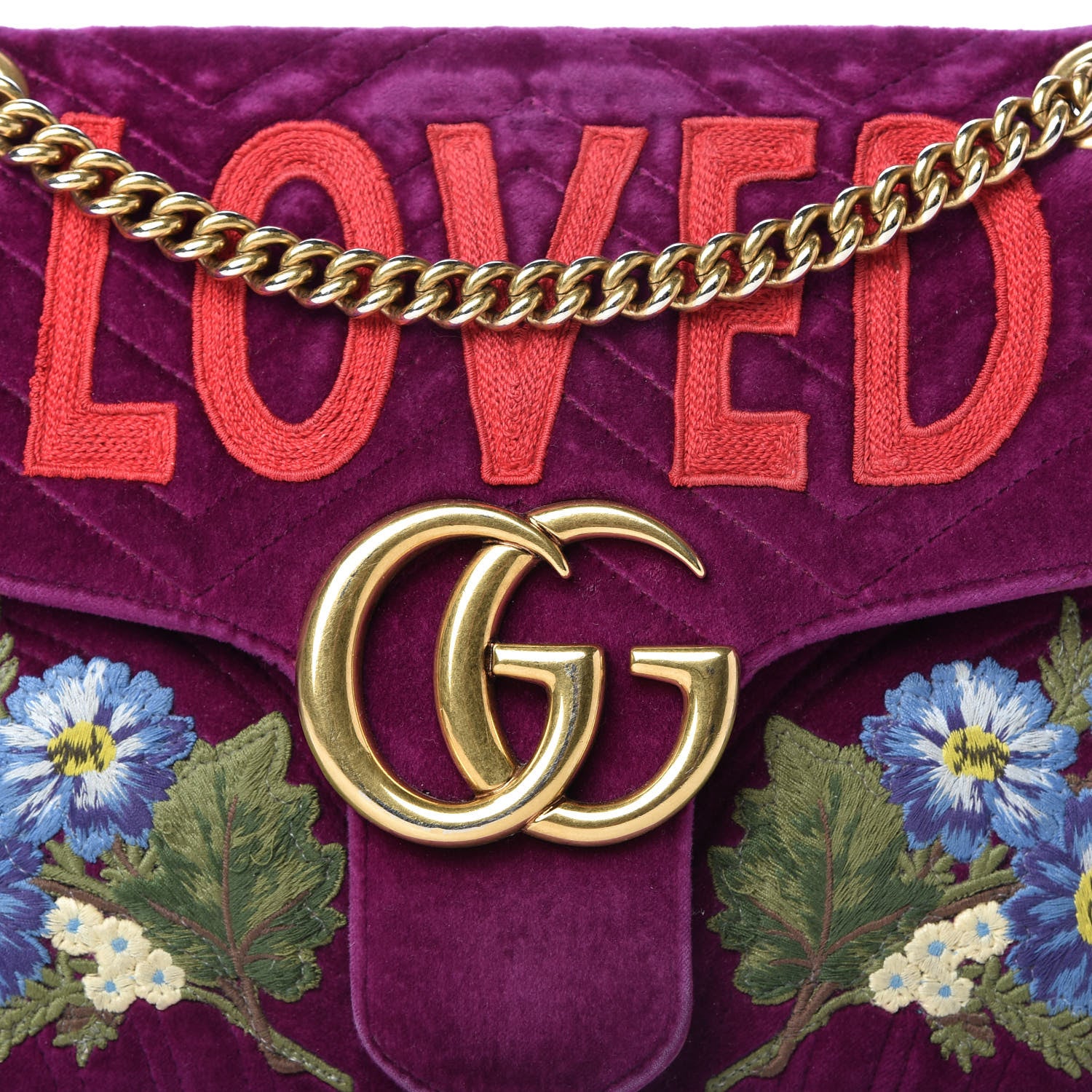 Gucci Velvet Matelasse Loved Embroidered Medium GG Marmont Shoulder Bag Fuchsia Violet Cyclamen 10 of 13