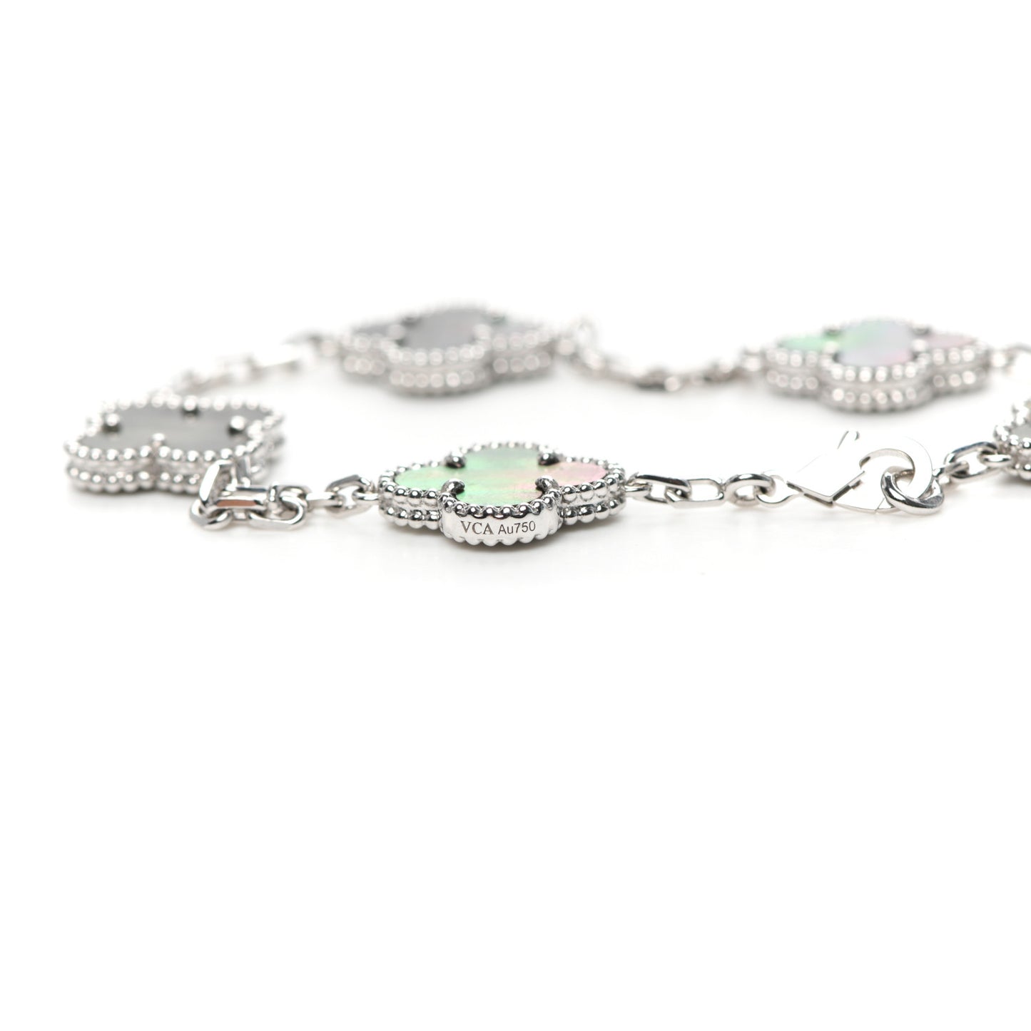 18K White Gold Grey Mother of Pearl 5 Motifs Vintage Alhambra Bracelet