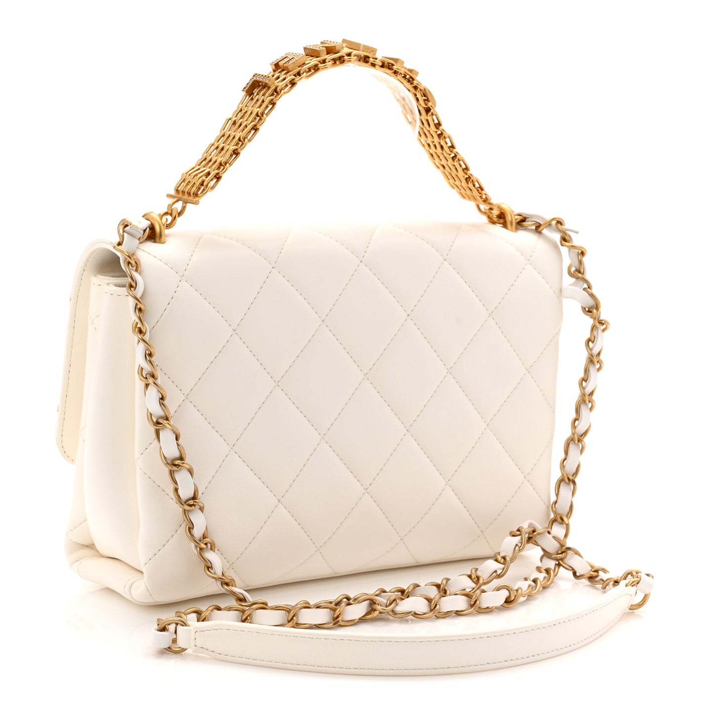 Lambskin Quilted CC Crystal Logo Chain Flap White