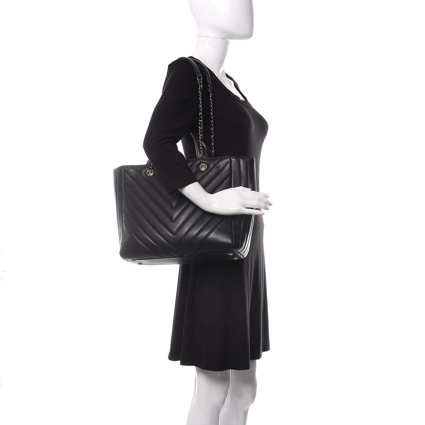 Calfskin Chevron Quilted Large Shopping Tote Black