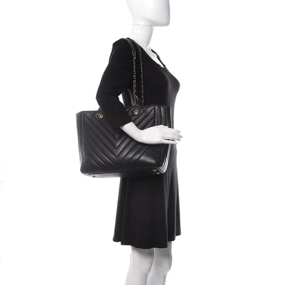Chanel Calfskin Chevron Quilted Large Shopping Tote Black 2 of 10