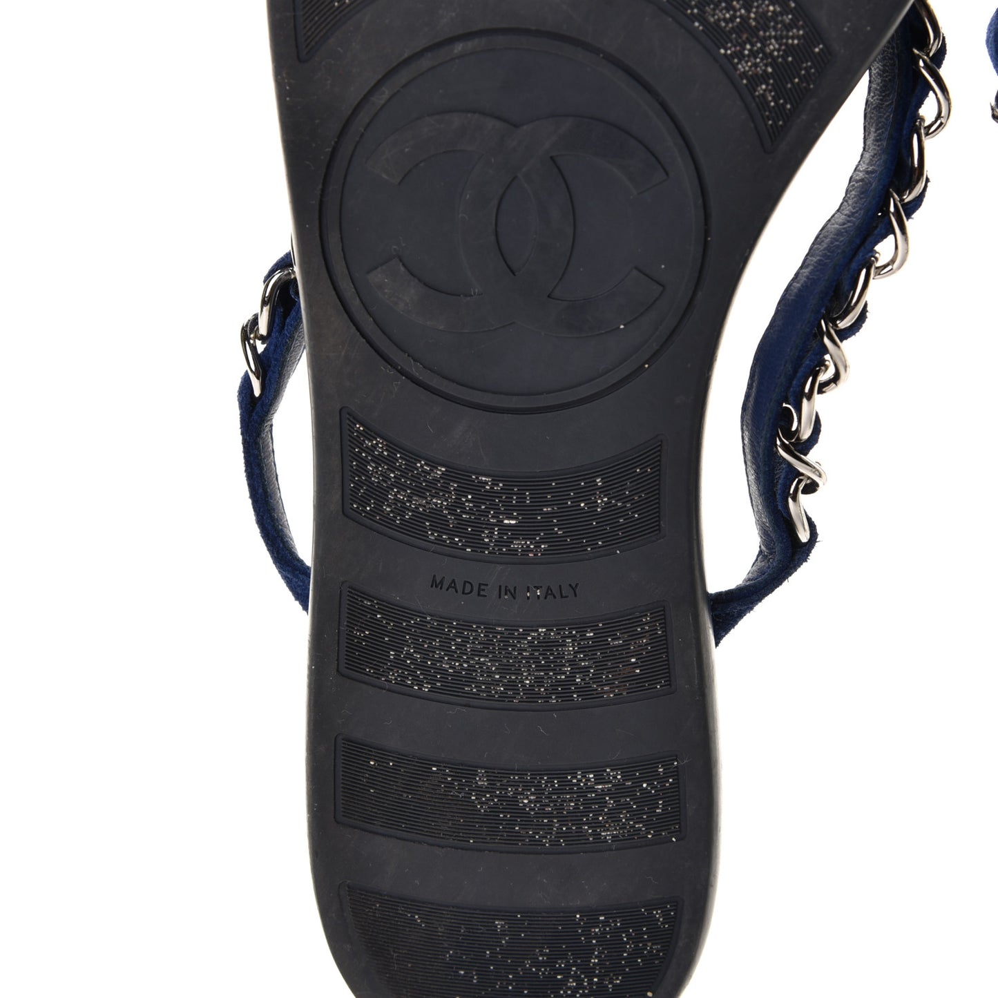 Suede Calfskin Quilted Chain Thong Sandals 38.5 Navy Blue