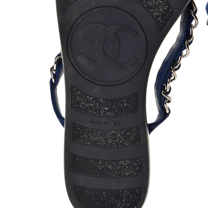 Chanel Suede Calfskin Quilted Chain Thong Sandals 38.5 Navy Blue 8 of 9