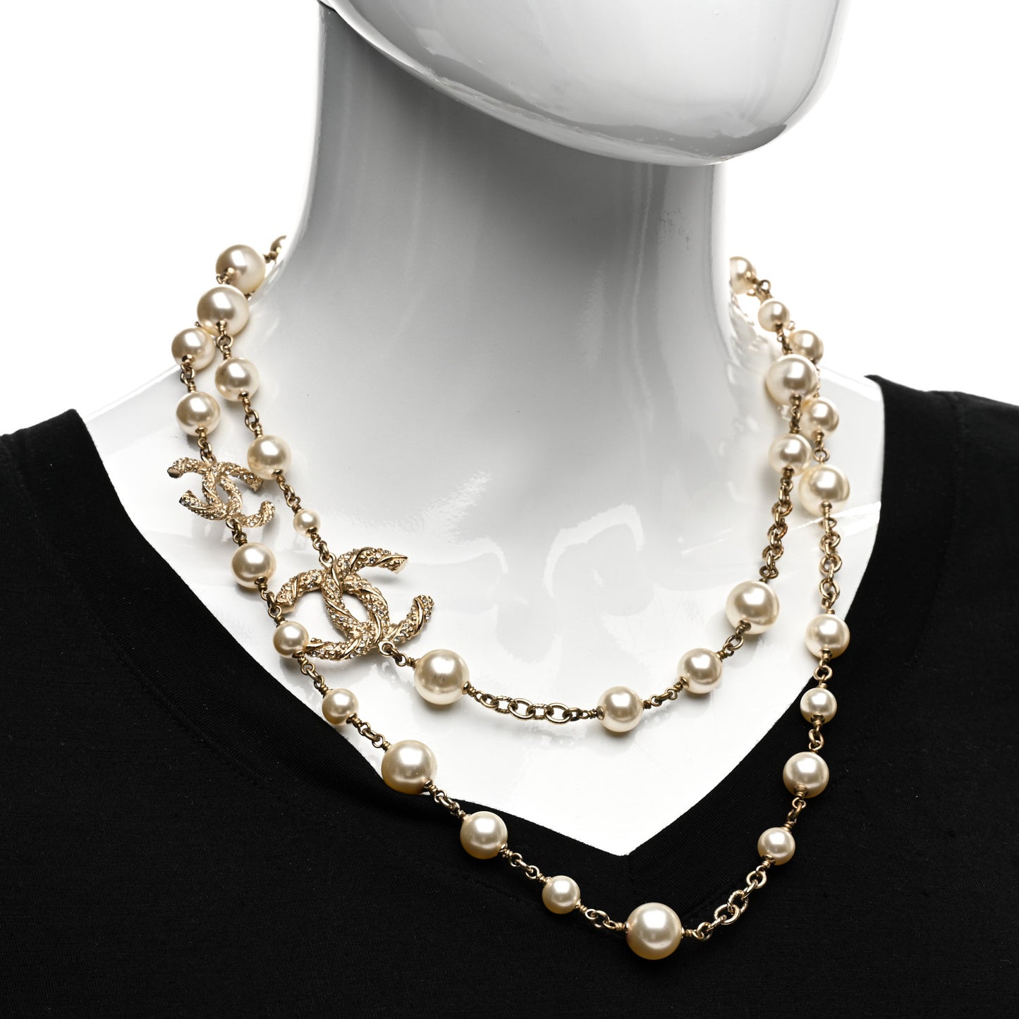 Graduated Pearl Crystal Twisted CC Long Necklace Gold